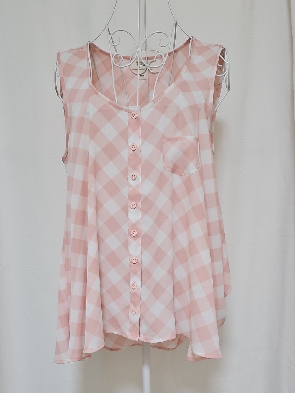 Style & Co. Pink and White Gingham Button-Front Sleeveless Top